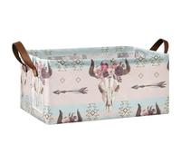 Kjovgcb 1 PC Rectangular Storage Basket Bin, Foldable Box with Leather Handles, Baskets Organizer for Kitchen 16.9x11.4x7.7 in Print Boho Bull Skull with Horns Flowers Native American Arrows