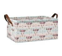 Kjovgcb 1 PC Rectangular Storage Basket Bin, Foldable Box with Leather Handles, Baskets Organizer for Kitchen 16.9x11.4x7.7 in Boho Bull Skull with Horns Flowers Native American Arrows