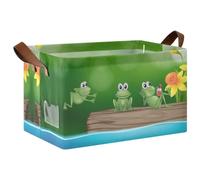Kjovgcb 1 PC Rectangular Storage Basket Bin, Foldable Box with Leather Handles, Baskets Organizer for Kitchen 16.9x11.4x10 in Print Three Green Frogs on The Log Yellow Flowers Green
