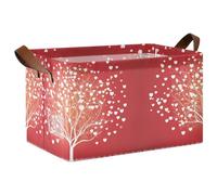 Kjovgcb 1 PC Rectangular Storage Basket Bin, Foldable Box with Leather Handles, Baskets Organizer for Kitchen 16.9x11.4x10 in Print White Tree of Life with Love Hearts On Red