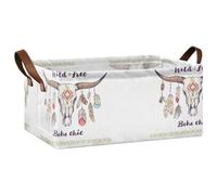 Kjovgcb 1 PC Rectangular Storage Basket Bin, Foldable Box with Leather Handles, Baskets Organizer for Kitchen 16.9x11.4x7.7 in Print Native American Mexican Bull Skull Feathers Enthic