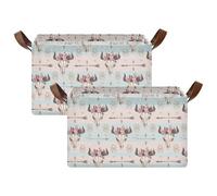 Kjovgcb 2 PCs Rectangular Storage Basket Bin, Foldable Box with Leather Handles, Baskets Organizer for Kitchen 16.9x11.4x10 in Boho Bull Skull with Horns Flowers Native American Arrows