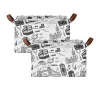 Kjovgcb 2 PCs Rectangular Storage Basket Bin, Foldable Box with Leather Handles, Baskets Organizer for Kitchen 16.9x11.4x10 in Print London Landmark England Flag Bus Telephone Booth