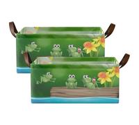 Kjovgcb 2 PCs Rectangular Storage Basket Bin, Foldable Box with Leather Handles, Baskets Organizer for Kitchen 16.9x11.4x7.7 in Print Three Green Frogs on The Log Yellow Flowers Green
