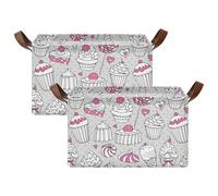 Kjovgcb 2 PCs Rectangular Storage Basket Bin, Foldable Box with Leather Handles, Baskets Organizer for Kitchen 16.9x11.4x10 in Print Seamless Sweets Cake Ice Cream Pink White Grey