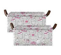 Kjovgcb 2 PCs Rectangular Storage Basket Bin, Foldable Box with Leather Handles, Baskets Organizer for Kitchen 16.9x11.4x7.7 in Print Seamless Sweets Cake Ice Cream Pink White Grey