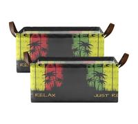 Kjovgcb 2 PCs Rectangular Storage Basket Bin, Foldable Box with Leather Handles, Baskets Organizer for Kitchen 16.9x11.4x7.7 in Print Relax Reggae Music Palm Trees On Black