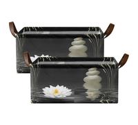 Kjovgcb 2 PCs Rectangular Storage Basket Bin, Foldable Box with Leather Handles, Baskets Organizer for Kitchen 16.9x11.4x7.7 in Print Zen Stones White Lotus Lily Wild Over Water Black