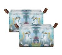 Kjovgcb 2 PCs Rectangular Storage Basket Bin, Foldable Box with Leather Handles, Baskets Organizer for Kitchen 16.9x11.4x10 in Print Two Mermaids Dolphins Sea Turtle Undersea World