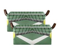 Kjovgcb 2 PCs Rectangular Storage Basket Bin, Foldable Box with Leather Handles, Baskets Organizer for Kitchen 16.9x11.4x7.7 in Print Tennis Ball Near The Net Green