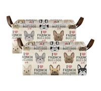 Kjovgcb 2 PCs Rectangular Storage Basket Bin, Foldable Box with Leather Handles, Baskets Organizer for Kitchen 16.9x11.4x7.7 in Print I Love French Bulldogs Seamless Vintage Style