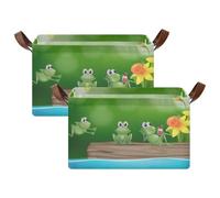 Kjovgcb 2 PCs Rectangular Storage Basket Bin, Foldable Box with Leather Handles, Baskets Organizer for Kitchen 16.9x11.4x10 in Print Three Green Frogs on The Log Yellow Flowers Green