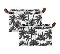 Kjovgcb 2 PCs Rectangular Storage Basket Bin, Foldable Box with Leather Handles, Baskets Organizer for Kitchen 16.9x11.4x10 in Print Black Palm Trees Seamless On White
