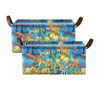 Kjovgcb 2 PCs Rectangular Storage Basket Bin, Foldable Box with Leather Handles, Baskets Organizer for Kitchen 16.9x11.4x7.7 in Print Orange Clownfish Yellow Fishes Coral Reef Ship Undersea