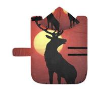 Kjovgcb Soft Pet Towel Coat for Dogs Cats, Absorbent Bathrobe Quick-Dry Bath Robe with Hood Adjustable Collar & Belly Strap, M Print Black Deer Silhouette in Full Moon Light On Red