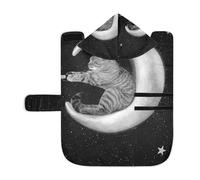 Kjovgcb Soft Pet Towel Coat for Dogs Cats, Absorbent Bathrobe Quick-Dry Bath Robe with Hood Adjustable Collar & Belly Strap, M Print The Cat Sits on The Moon and Catches The Stars