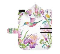 Kjovgcb Soft Pet Towel Coat for Dogs Cats, Absorbent Bathrobe Quick-Dry Bath Robe with Hood Adjustable Collar & Belly Strap, M Print Pink Exotic Flowers Flying Hummingbird