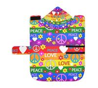 Kjovgcb Soft Pet Towel Coat for Dogs Cats, Absorbent Bathrobe Quick-Dry Bath Robe with Hood Adjustable Collar & Belly Strap, S Print Hippie Peace Signs Flowers Red Hearts Rainbow Color