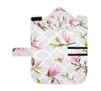 Kjovgcb Soft Pet Towel Coat for Dogs Cats, Absorbent Bathrobe Quick-Dry Bath Robe with Hood Adjustable Collar & Belly Strap, M Print Pink Magnolia Flowers Leaves On Grey Moroccan Tile