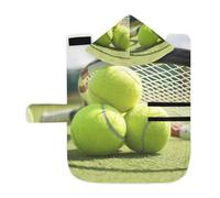 Kjovgcb Soft Pet Towel Coat for Dogs Cats, Absorbent Bathrobe Quick-Dry Bath Robe with Hood Adjustable Collar & Belly Strap, M Print Tennis Balls with Racket