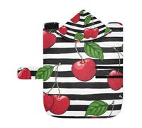 Kjovgcb Soft Pet Towel Coat for Dogs Cats, Absorbent Bathrobe Quick-Dry Bath Robe with Hood Adjustable Collar & Belly Strap, M Print Red Cherry with Green Leaves Seamless On Stripes