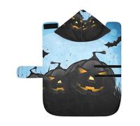 Kjovgcb Soft Pet Towel Coat for Dogs Cats, Absorbent Bathrobe Quick-Dry Bath Robe with Hood Adjustable Collar & Belly Strap, S Print Halloween Black Pumpkins Bats Moon Blue Pattern