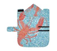 Kjovgcb Soft Pet Towel Coat for Dogs Cats, Absorbent Bathrobe Quick-Dry Bath Robe with Hood Adjustable Collar & Belly Strap, M Print Red Lobster On Turquoise Mosaic Check