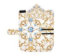 Kjovgcb Soft Pet Towel Coat for Dogs Cats, Absorbent Bathrobe Quick-Dry Bath Robe with Hood Adjustable Collar & Belly Strap, S Print Seamless Baroque Golden Leaves Blue Gems On White