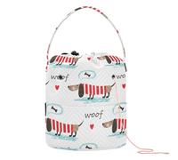 Kjovgcb Yarn Storage Knitting Basket Bin, Polyester Crochet Bag Pockets Dividers Box Organizer with Handle for Home Travel 8.3x11 in Print Dachshunds Dogs Dressed in Red Stripes Bones Heart