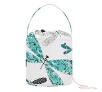 Kjovgcb Yarn Storage Knitting Basket Bin, Polyester Crochet Bag Pockets Dividers Box Organizer with Handle for Home Travel 8.3x11 in Print Turquoise Black and White Vintage Dragonflies Style
