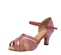 KJUUQBZL Bronze Latin Dance Shoes Women Tango Ballroom Cuba Heel Faux Diamond Wedding Sandals(Ruby Red,4.5)