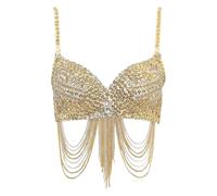 KJUUQBZL Bustier Crop Top Womens Belly Dance Costume Shiny Corset Crop Top Fringe Rhinestone Sequin Club Bra Spaghetti Straps Underwire Push Up Bustier(Gold)