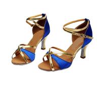 KJUUQBZL Fashion Latin Dance Shoes Women Girls Ballroom Tango Salsa For Ladies Soft Bottom High Heeled Sandals(805 blue satin 5cm,34)