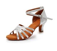 KJUUQBZL Heel 7cm/5cm Satin Without Knot Salsa Tango Ballroom Latin Dance Shoes Woman(Heel 5cm silver,40)