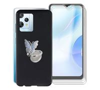 KJYF Black Case for Blackview A53 Pro (6.5 inches), 3 x Tempered Glass Screen Protector, [Bumper Cover with Butterfly Ring Holder], Shockproof Soft Silicone Case Cover for Blackview A53 Pro.