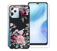 KJYF Case for Blackview A53 Pro (6.5 inches) with [1 x Tempered Glass Screen Protector], Black Shockproof Soft Silicone TPU Cover Case for Blackview A53 Pro Cover Case - Pink Flower
