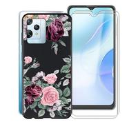 KJYF Case for Blackview A53 Pro (6.5 inches) with [2 x Tempered Glass Screen Protector], Black Shockproof Soft Silicone TPU Case Cover for Blackview A53 Pro Cover Case - Pink Flower