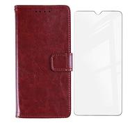KJYF Case for Oppo Reno7 CPH2371 (6.43 Inches) Stand Function Case + Protective Film 9H Hardness Flip Mobile Phone Case PU Leather Flip Cover for Oppo Reno7 CPH2371 - Brown