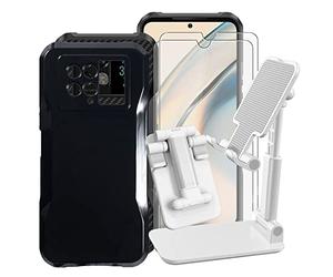 KJYF Cover for Doogee V20 5G (6.43 inches), Black Anti-Scratch Protection Case, 2 Pieces Tempered Glass Film, with Adjustable Folding Tablet Holder Mobile Phone Holder (White)