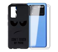 KJYF DU05 Protective Case Black Bumper TPU Cover + 2 Pieces Screen Protector for Poco M4 Pro (6.43 Inch) Tempered Glass Film + Silicone Shell Case Mobile Phone Case