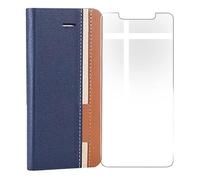 KJYF For Doro 8100 Plus Wallet Case + Tempered Glass Screen Protector, Flip Folio Leather Cell Phone Cover with Credit Card Holder Compatible With Doro 8100 Plus (6.1") - Blue