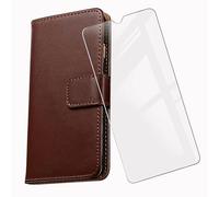 KJYF For Doro 8100 Wallet Case + Tempered Glass Screen Protector, Flip Folio Leather Cell Phone Cover with Credit Card Holder Compatible With Doro 8100 (6.1") - Brown