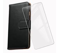 KJYF For Doro 8100 Wallet Case + Tempered Glass Screen Protector, Flip Folio Leather Cell Phone Cover with Credit Card Holder Compatible With Doro 8100 (6.1") - Black