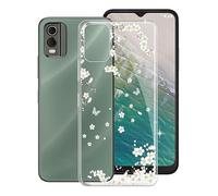 KJYF Phone Case for Nokia C32 (6.5 Inch), Shockproof Shell Bumper Soft Cover Cute Pattern Design Case for Nokia C32 [Ultra-Slim Stylish X Anti-Yellowing] - White Flower