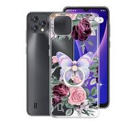 KJYF Phone Case for Oscal C60 Pro (6.53"), Full Body Soft TPU Shockproof Protection Case with 360° Rotation Ring Kickstand Anti-Scratch Bumper Back Cover for Oscal C60 Pro - Rose Flower