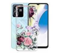 KJYF Phone Case for Vivo Y22 2022 (6.55"), Full Body Soft TPU Shockproof Protection Case with 360° Rotation Ring Kickstand Anti-Scratch Bumper Back Cover for Vivo Y22 2022 - Rose Flower