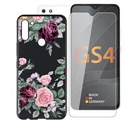 KJYF Protective Case Black Bumper TPU Cover + Screen Protector for Gigaset GS4 Senior (6.3 Inches) Tempered Glass Film + Silicone Shell Case Mobile Phone Case - Red Rose