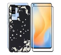 KJYF Protective Case Black Bumper TPU Cover + Screen Protector for Vivo X50 Pro (6.56 inches), Tempered Glass Film + Silicone Shell Case Mobile Phone Case - Mountain Flower