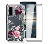 KJYF Protective Case Transparent Bumper TPU Cover + 2 Pieces Screen Protector for TCL 30 V 5G (6.67 Inches), Film Tempered Glass Film + Silicone Shell Case Mobile Phone Case - Red Rose
