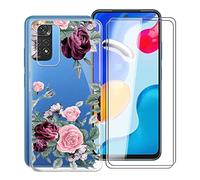 KJYF Protective Case Transparent Bumper TPU Cover + 2 Pieces Screen Protector for Xiaomi Redmi Note 11S (6.43 Inches), Film Tempered Glass Film + Silicone Shell Case Mobile Phone Case - Red Rose